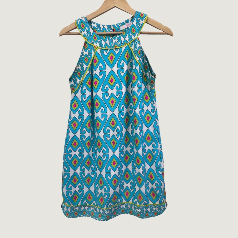 Alice Trixie Silk Geometric Print Shift Dress Womens XS Blue Retro Mod Style‎